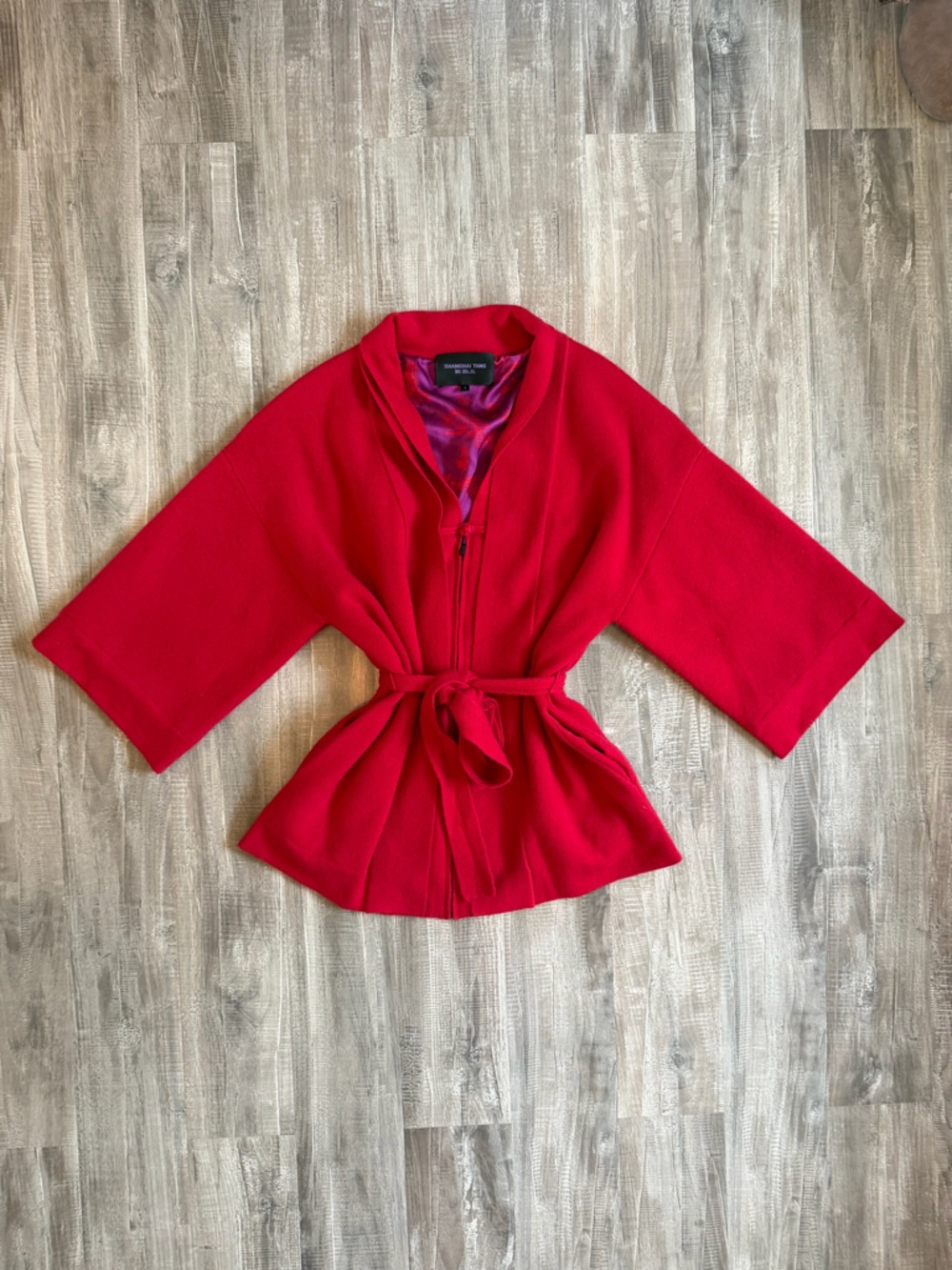 Shanghai Tang Red Belted Wool Blend Jacket